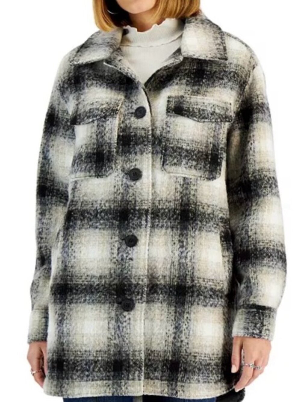 Sebby Women's Shacket, Black, White & Tan Plaid, Size L